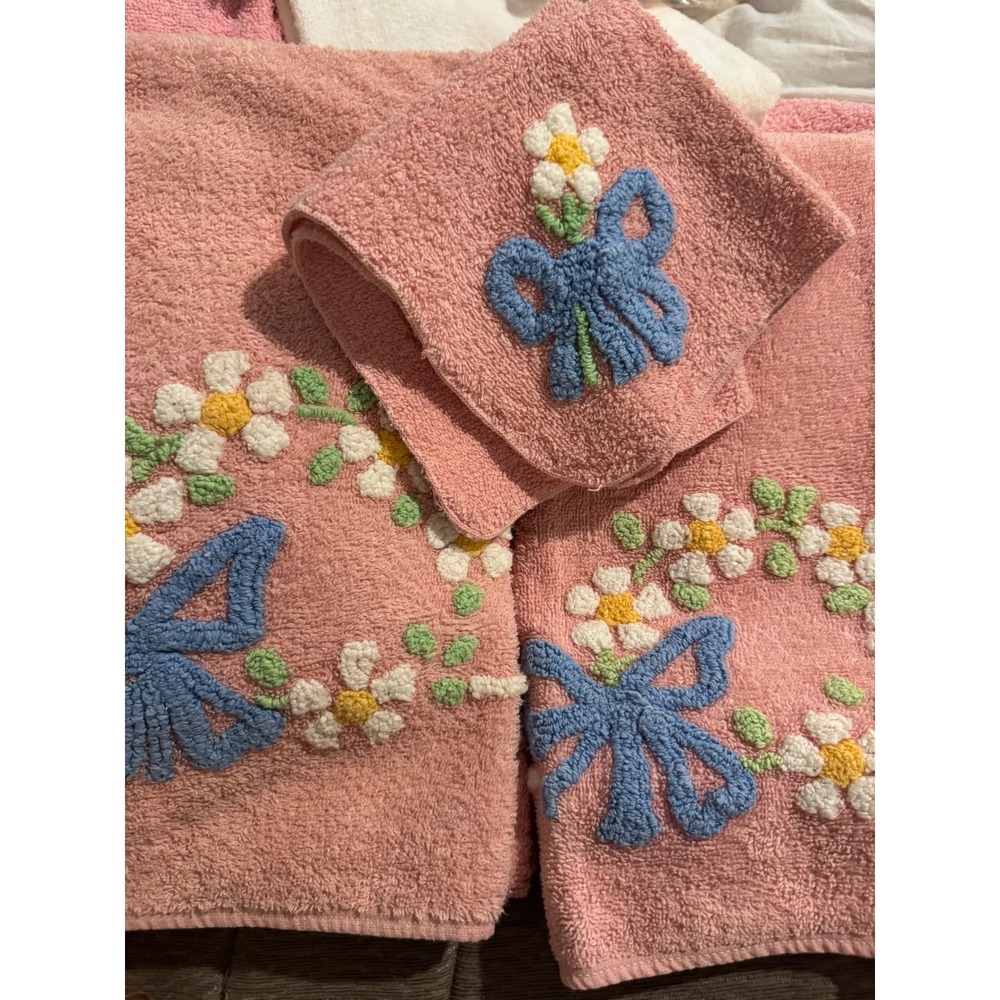 Cannon Pink Cotton Towel Set 4 Blue Bow Daisy Floral Embroidery Cottagecore Vtg